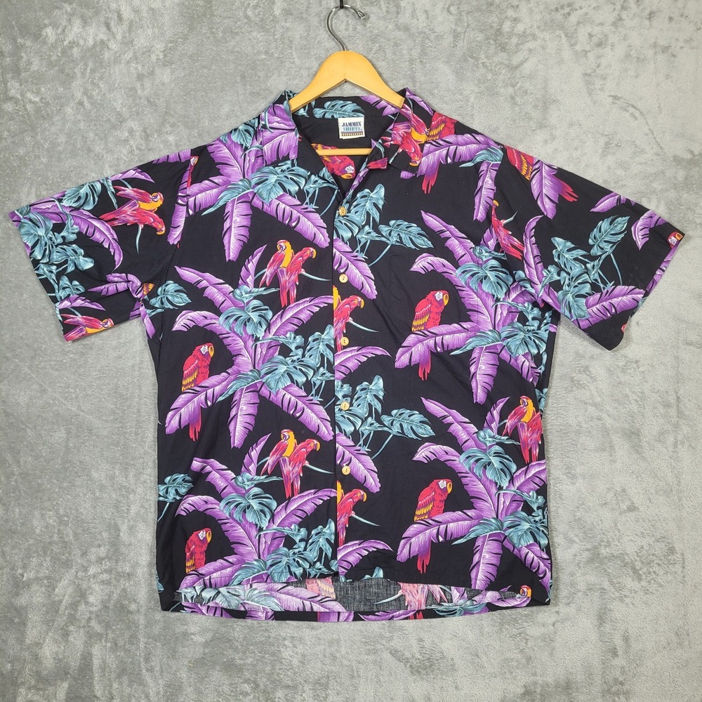 Jammin Shirts Hawaiian Shirt Mens XL Parrot Palm Tree Aloha Tropical Pocket